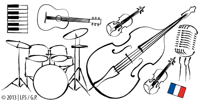 Collage/Illustration of musical instruments (keyboard, guitar, double bass, violins, drums). a vintage microphone and a French flag