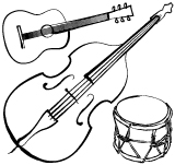 Illustration of a double bass, an acoustic guitar and a drum